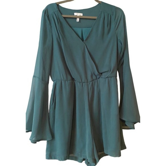 Leith Long Bell Sleeve Sheer Romper Teal Green Size Medium - Picture 2 of 7